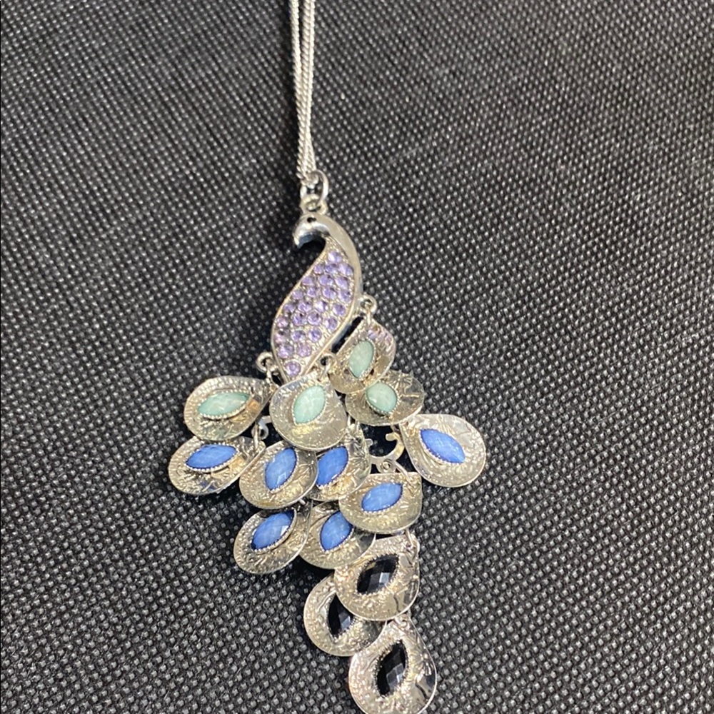 Elegant Silver and Blue Peacock Pendant Necklace 30 in long